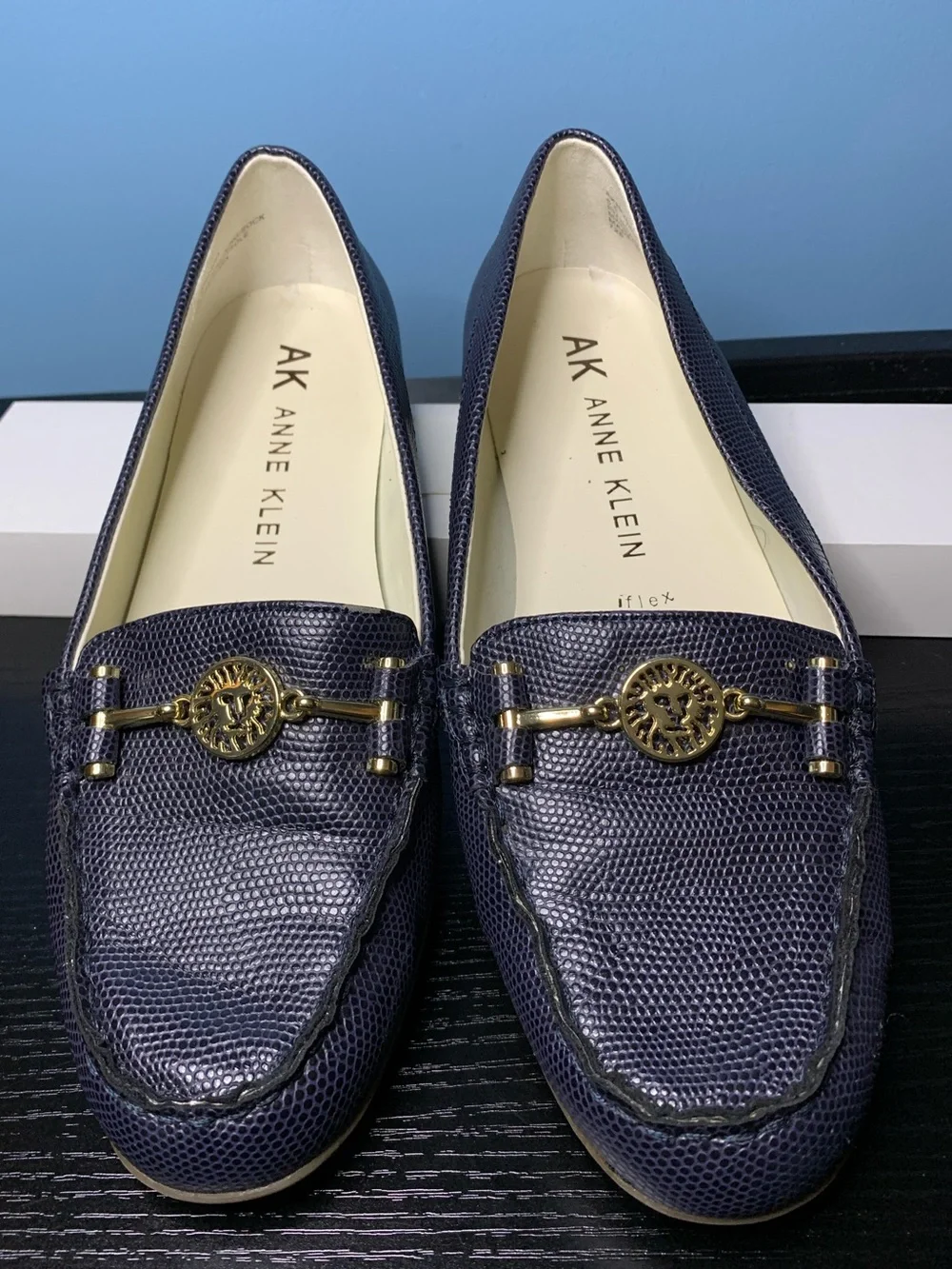 Anne Klein Navy Textured Leather Loafers with Gold Accent